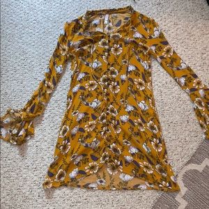 Mustard Colored Floral Button Up Long Sleeve Dress